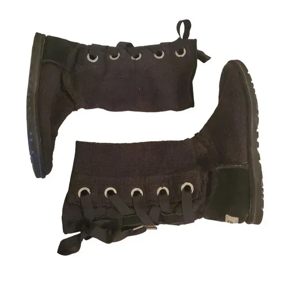 Ugg 8‎ Black Knit Winter Boots 1000693 Back Lace Up Sheepskin HEIRLOOM - Picture 2 of 9